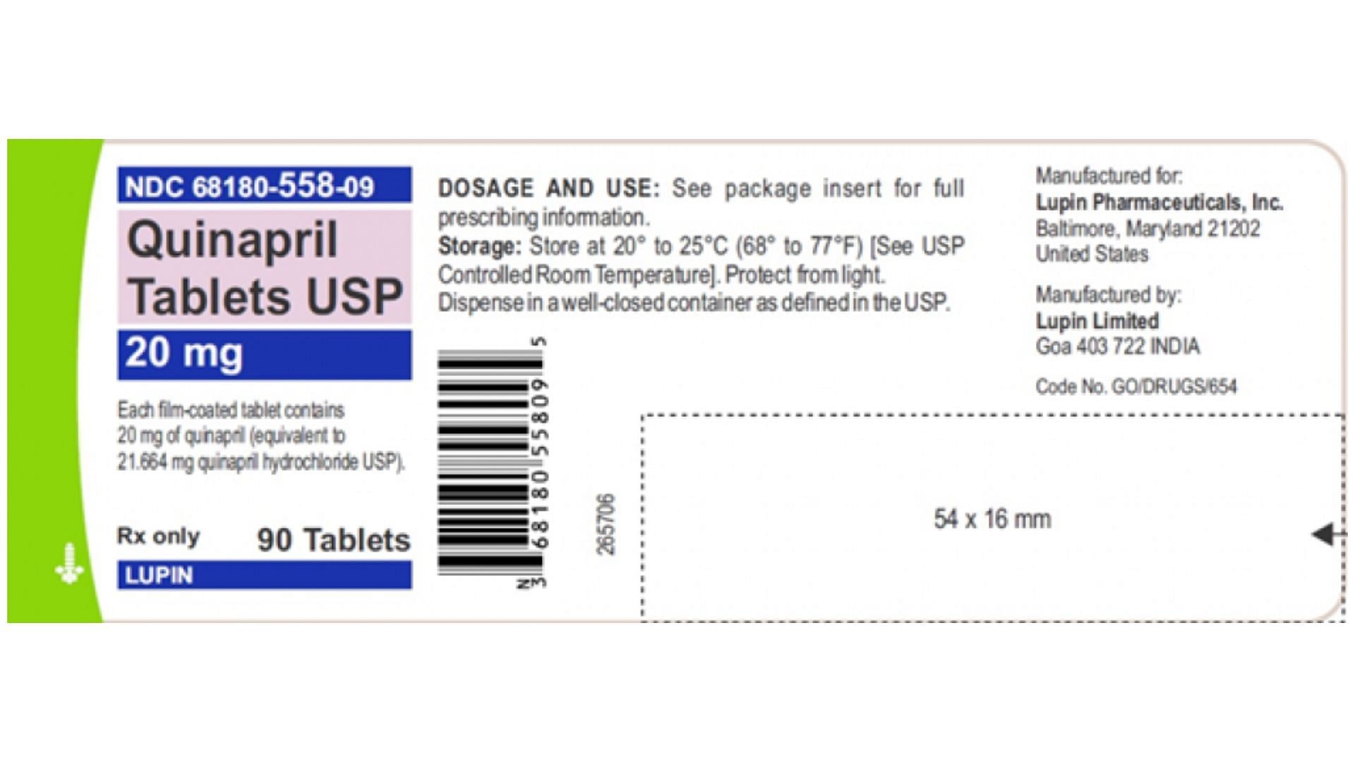 Recalled pack of 20 mg Quinapril tablets (Image via FDA)