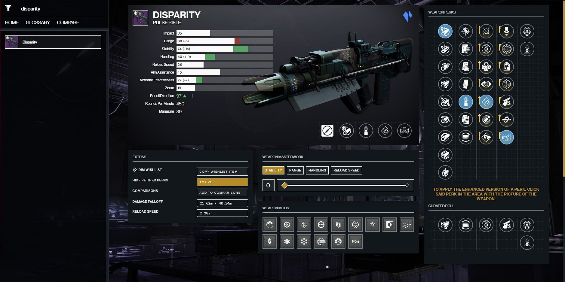 Disparity Destiny 2 PvP god roll (Image via Destiny 2 Gunsmith)