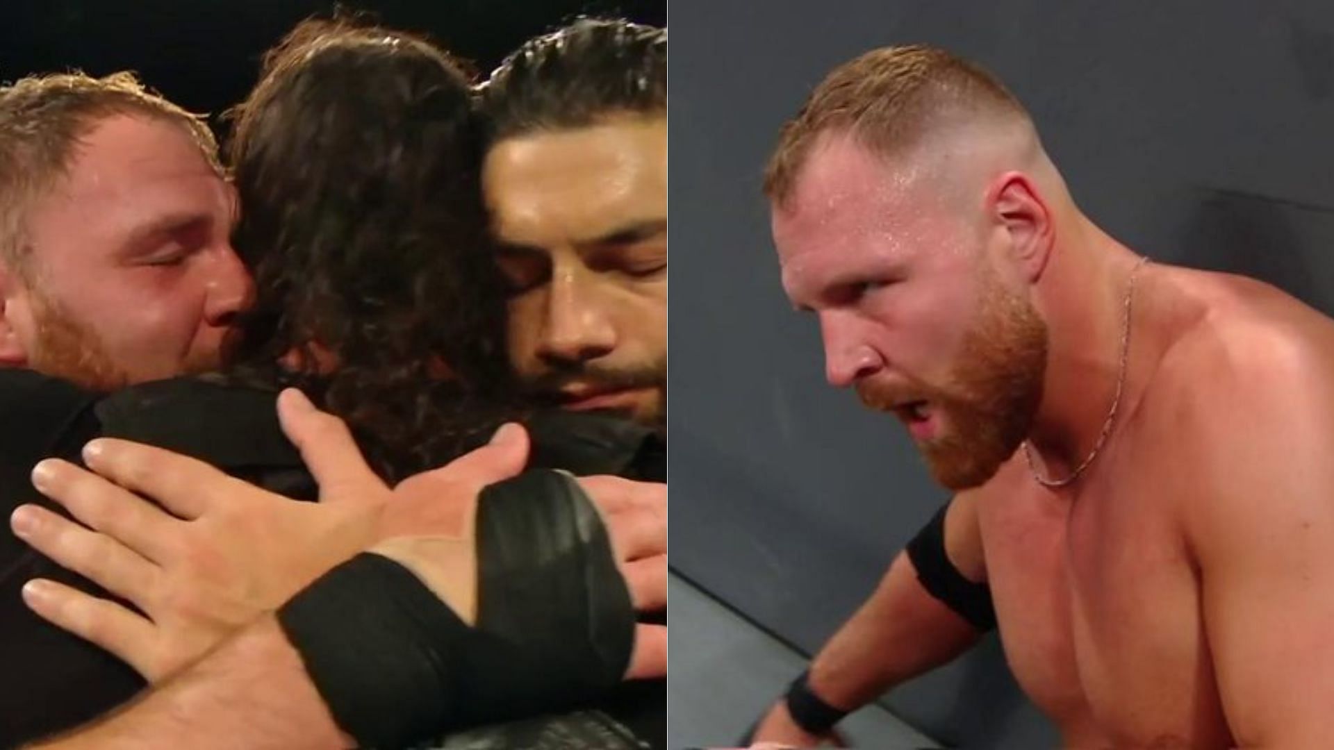 Left to right: Jon Moxley, Seth Rollins, and Roman Reigns.
