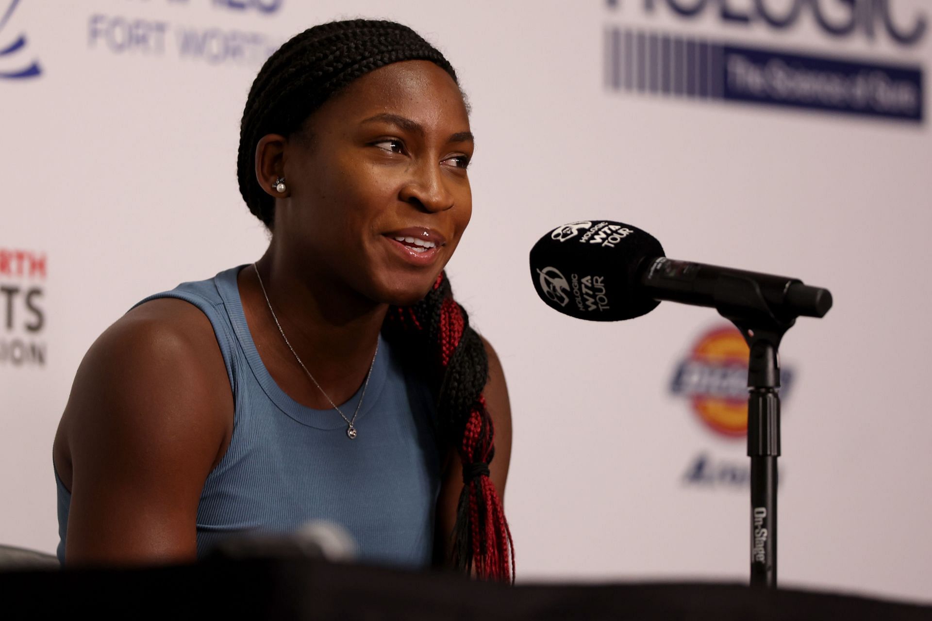 Coco Gauff fields questions from the media at a press conference prior to the 2022 WTA Finals