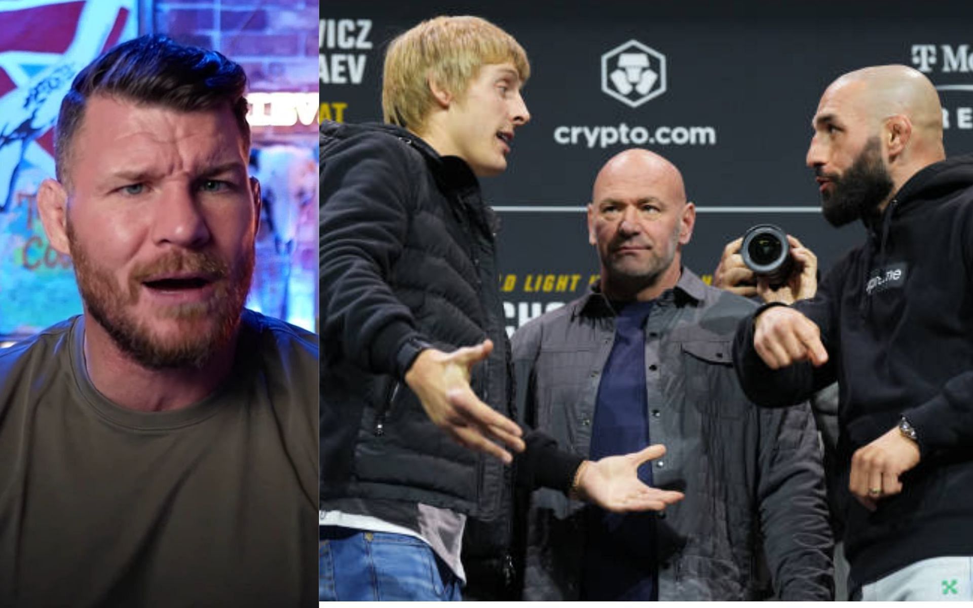 Michael Bisping (left) [Image courtesy: @michaelbisping on YouTube] and Paddy Pimblett and Jared Gordon face-off at UFC 282 press conference (right)