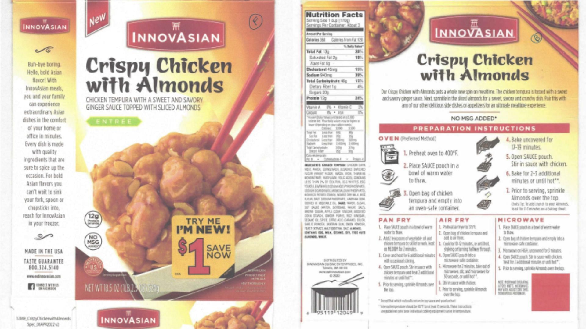recalled package of the Walmart Frozen Crispy Chicken with Almonds entr&eacute;e (Image via Mountain View Packaging, LLC/FSIS)