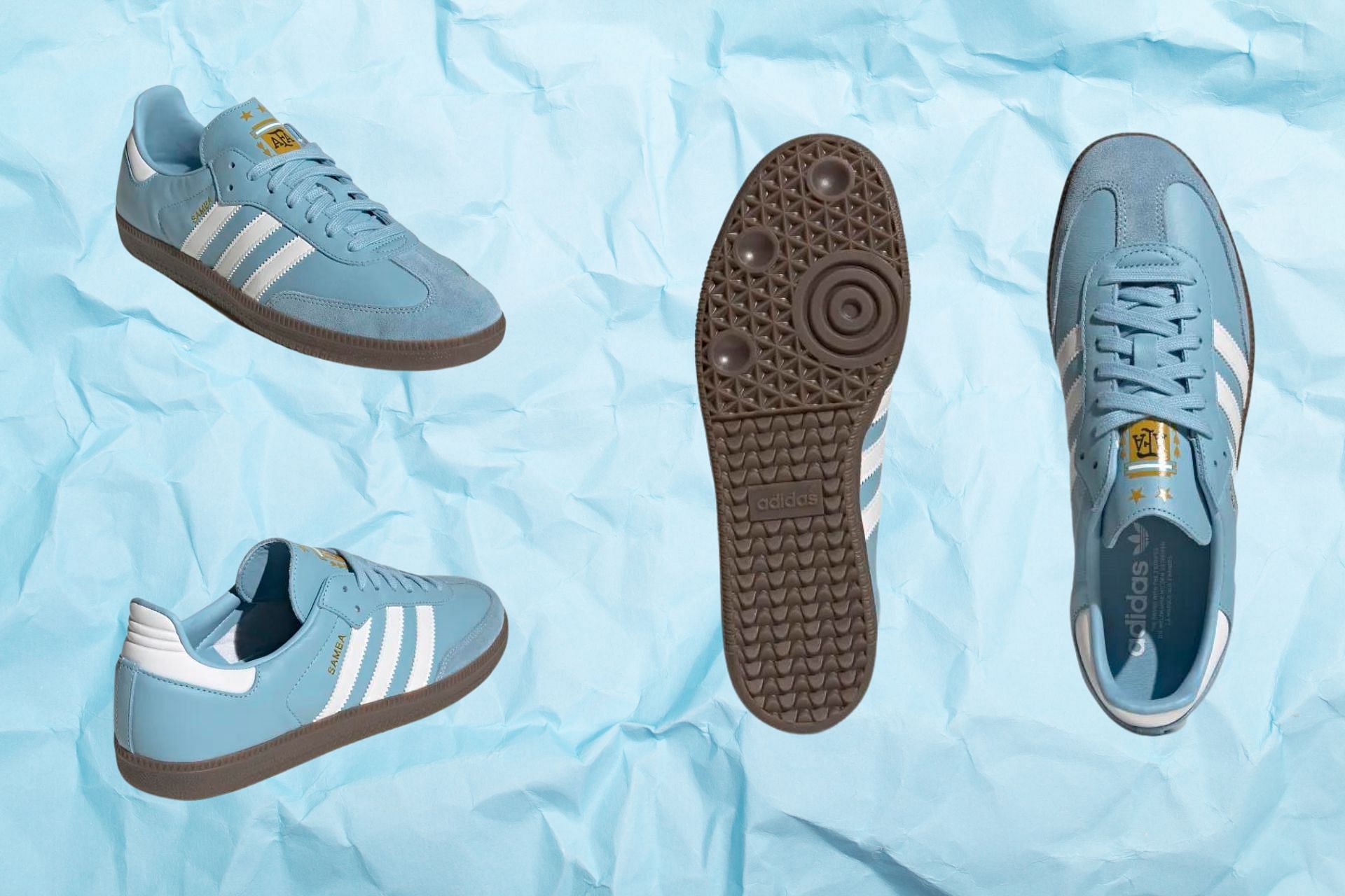 The recently launched Adidas Samba Argentina 2022 FIFA World Cup shoes, are inspired by the national football team&#039;s timeless home kit (Image via Sportskeeda)