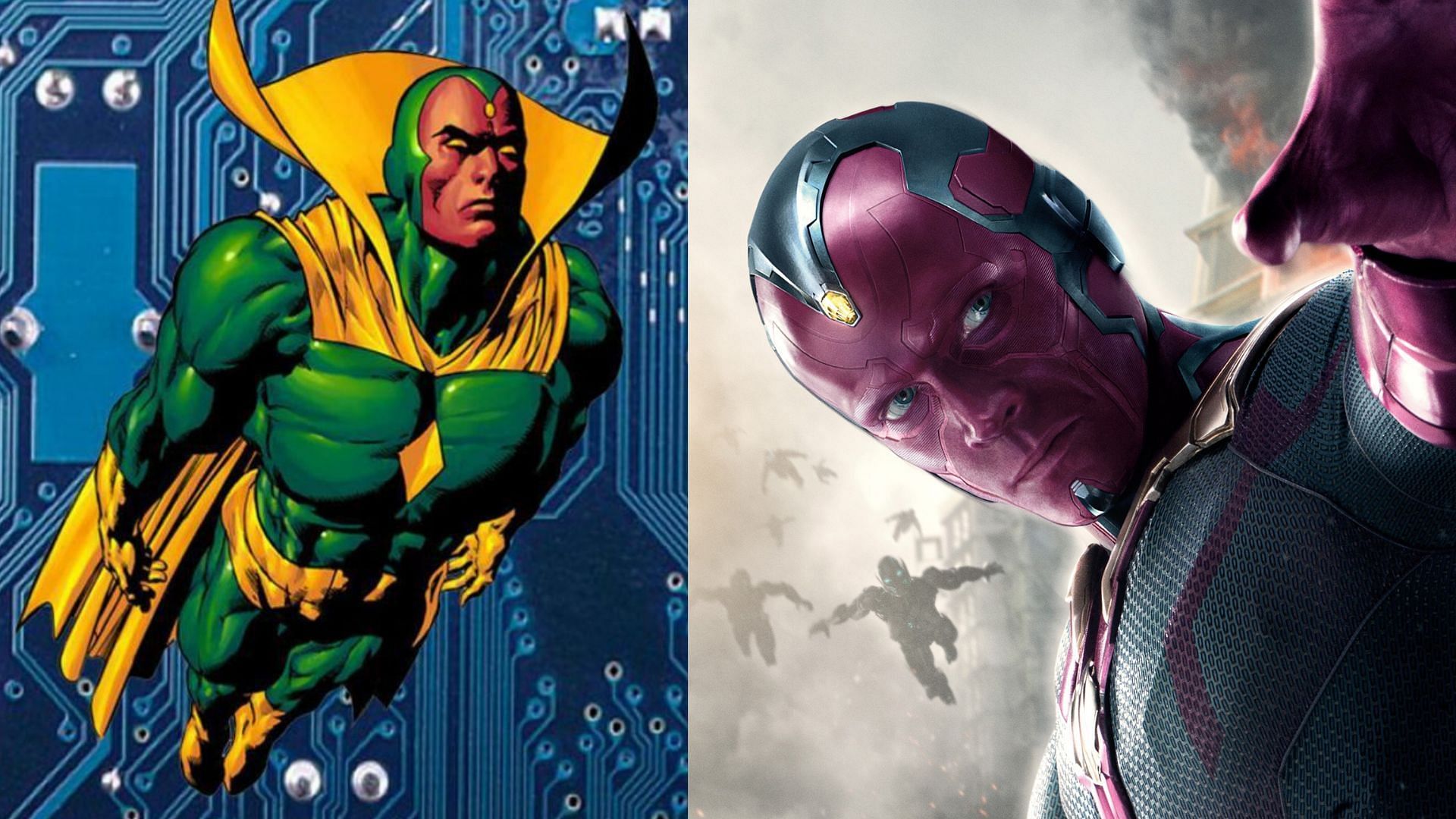 Left: Vision in comics, Right: Vision played by Paul Bettany in the MCU (Images via Marvel)