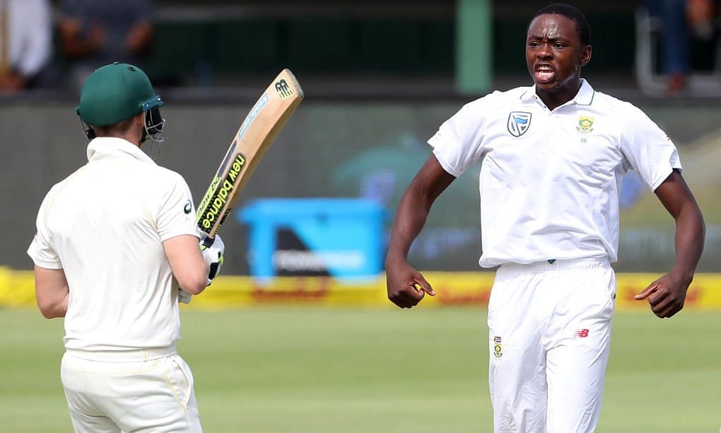 Kagiso Rabada celebrating aggressively after dismissing Steve Smith.