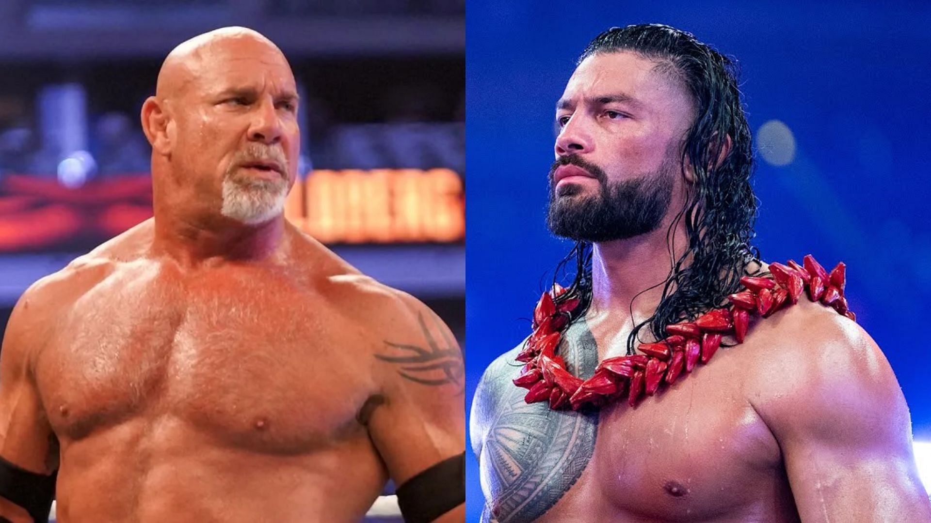 Goldberg (left); Roman Reigns (right)