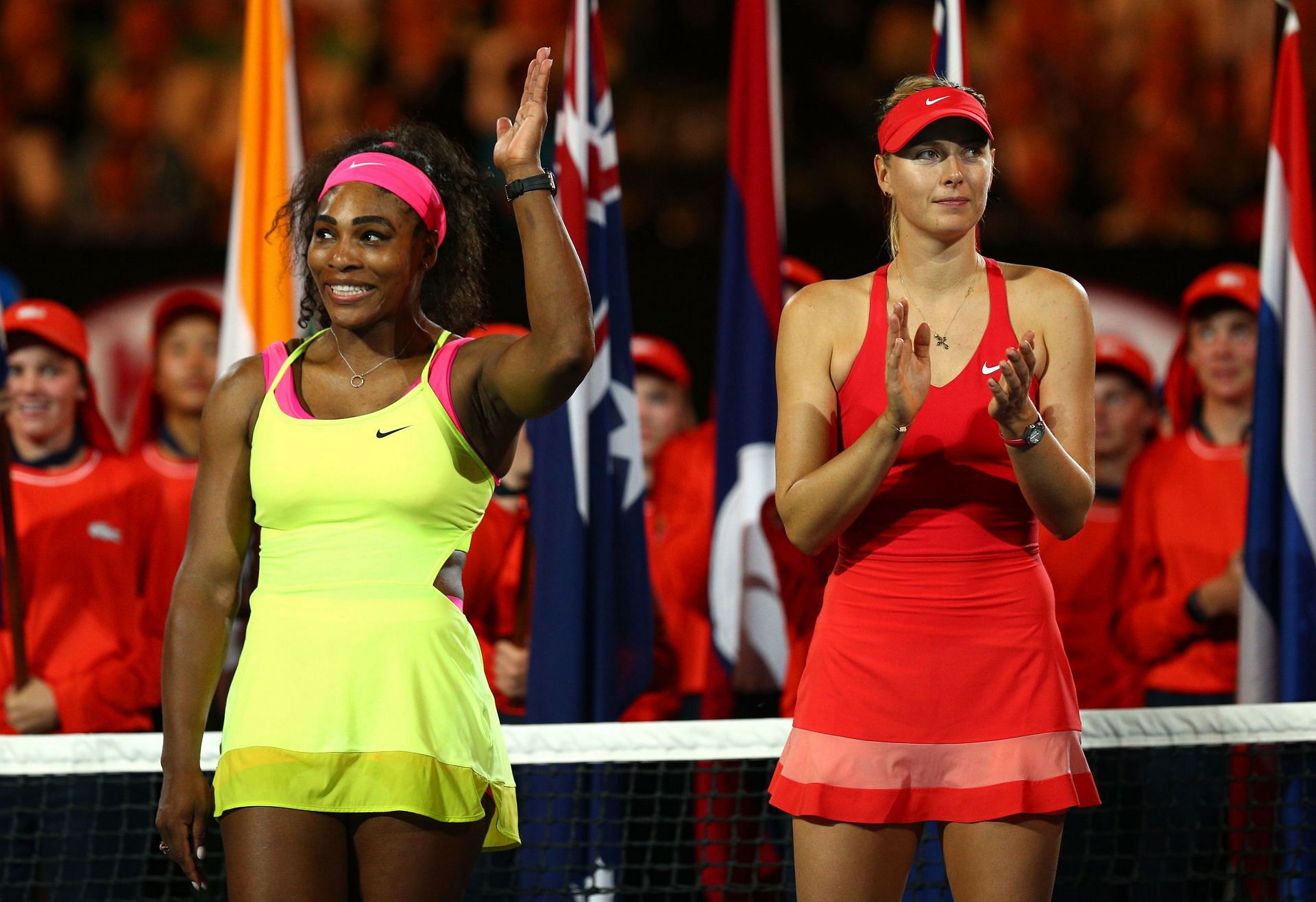 Winner Serena Williams and runner-up Maria Sharapova at the 2015 Australian Open.