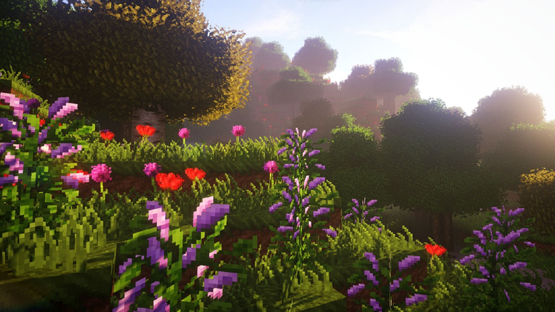 A flower forest seen in the Clarity texture pack in Minecraft (Image via SCtester/CurseForge)