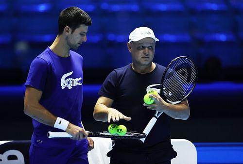 Novak Djokovic and Marian Vajda during a training session at the Nitto ATP Tour Finals.