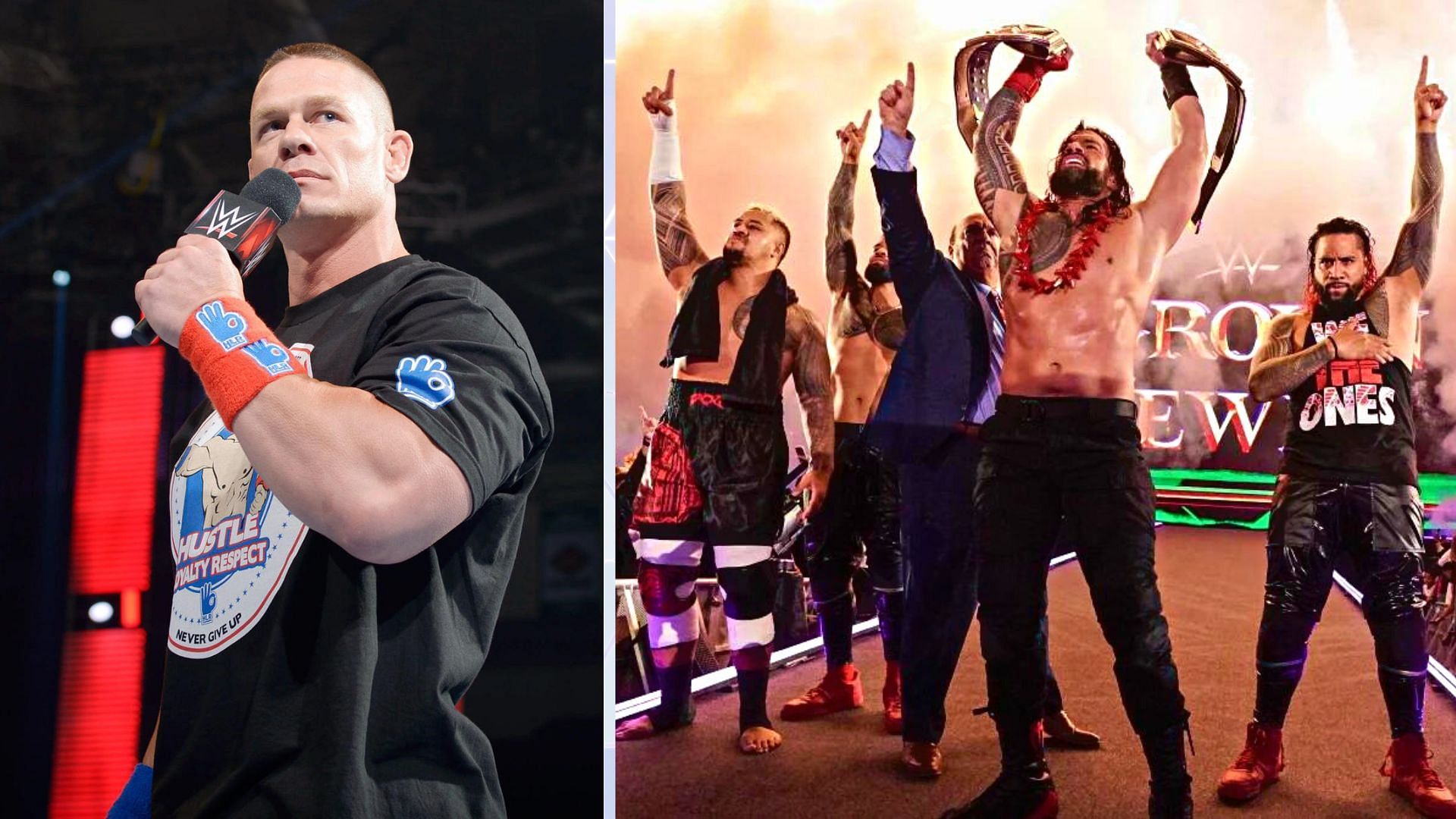 WWE Superstars John Cena and Roman Reigns alongside the rest The Bloodline 