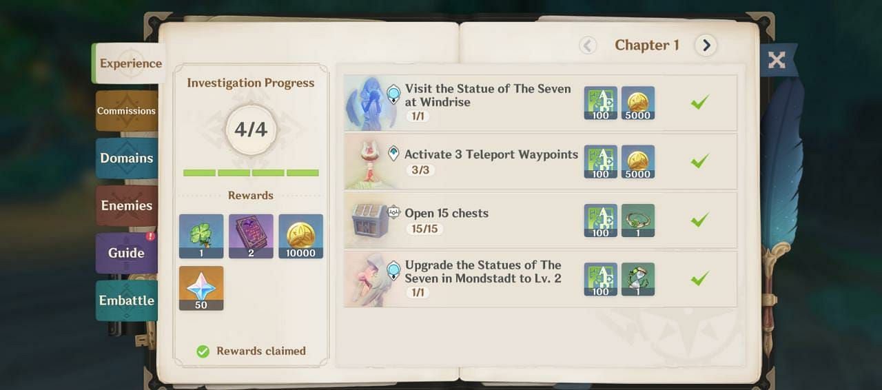 Exploration tab in the Adventurer&#039;s Handbook (Image via Genshin Impact)