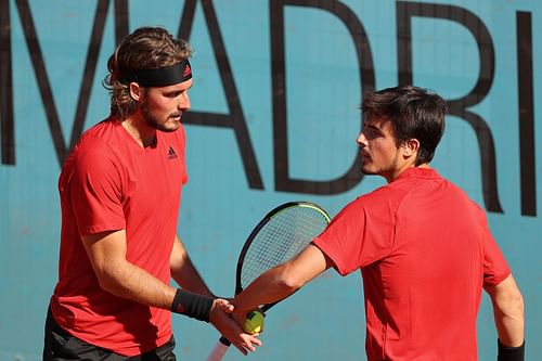 Stefanos Tsitsipas (L) and Petros at the Mutua Madrid Open.