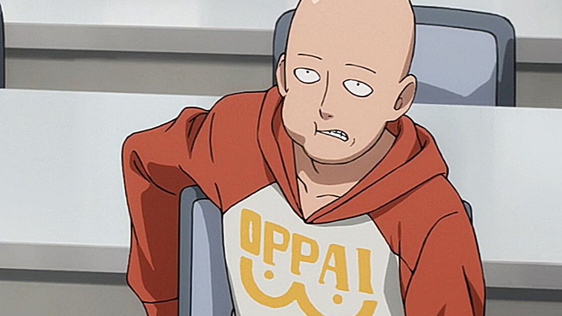 Saitama wearing the oppai hoodie during the preliminary tests (Image via Madhouse)
