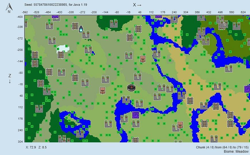 Three villages and a ruined portal make for a great start in Minecraft (Image via Chunkbase)