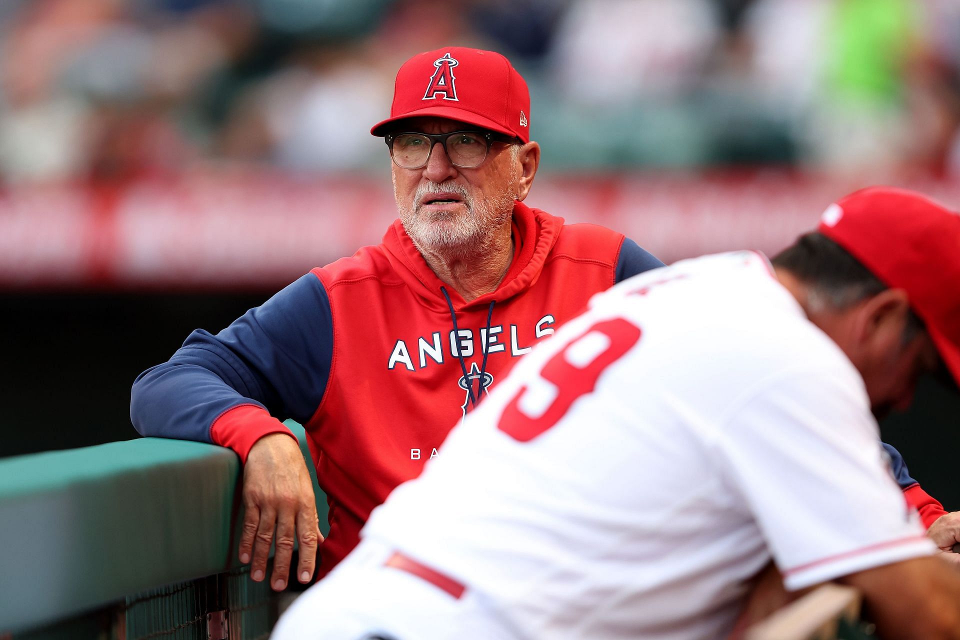 Manager Joe Maddon of the Los Angeles Angels looks on during a game against the Cleveland Guardians