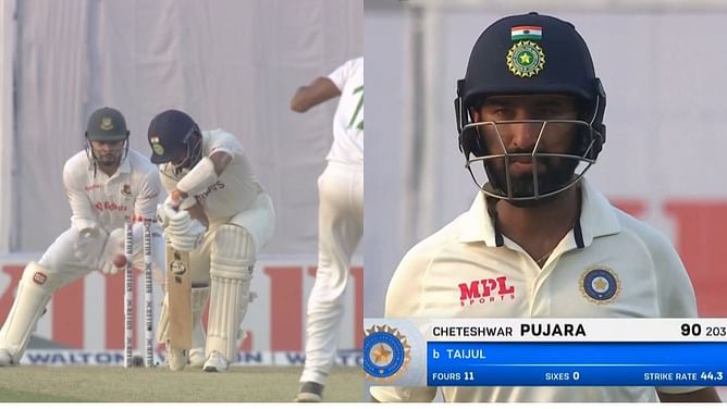 [Watch] Cheteshwar Pujara in disbelief as Taijul Islam cleans him up with an absolute beauty late on Day 1