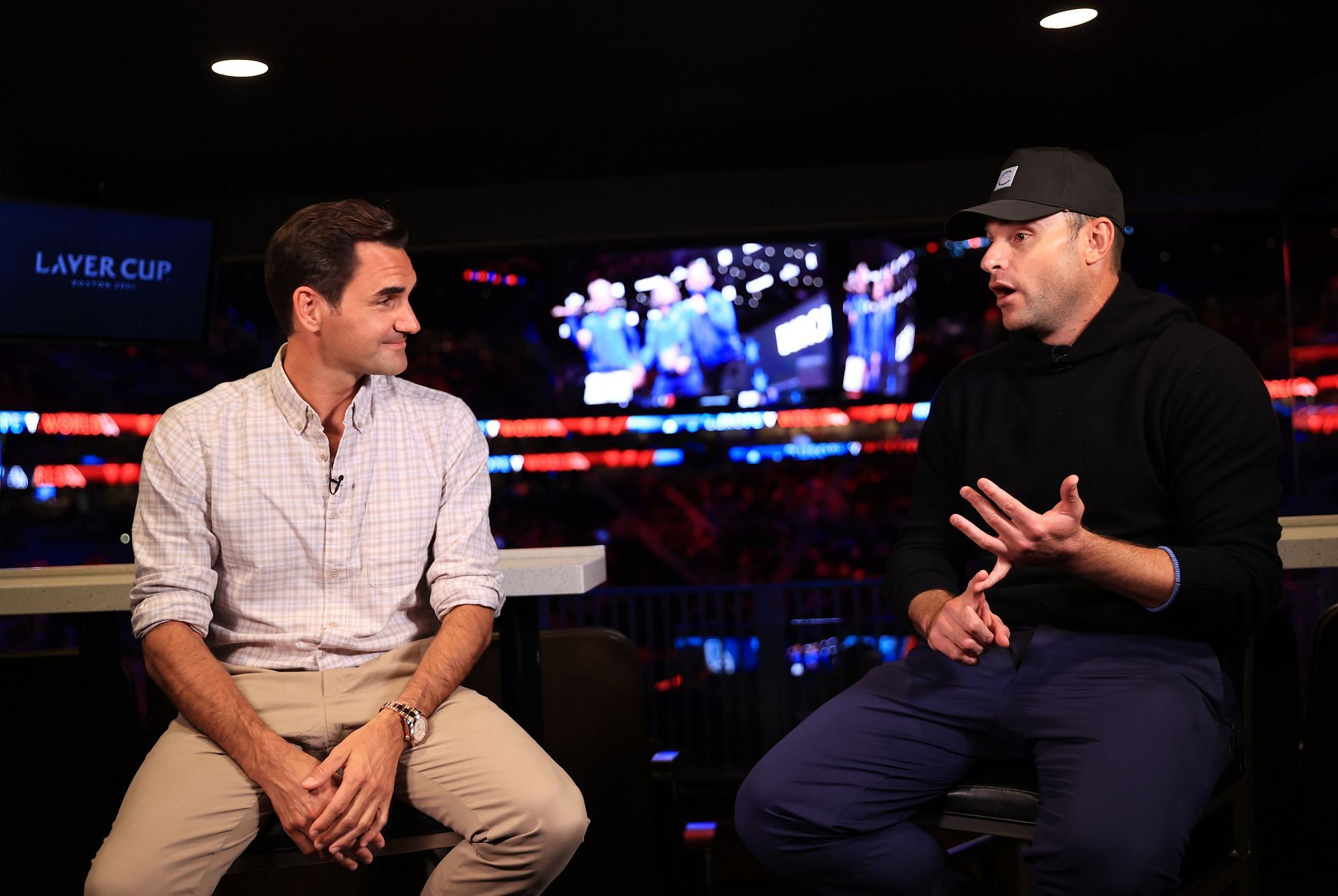 Roger Federer and Andy Roddick speak during an interview at the Laver Cup 2021