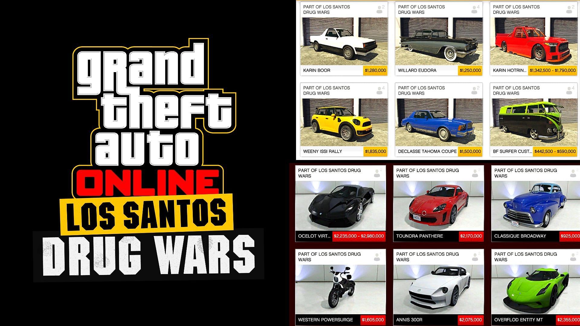 Many upcoming drip feed vehicles leaked ahead of their release in GTA Online as part of Los Santos Drug Wars (Image via Tez2 on Twitter)