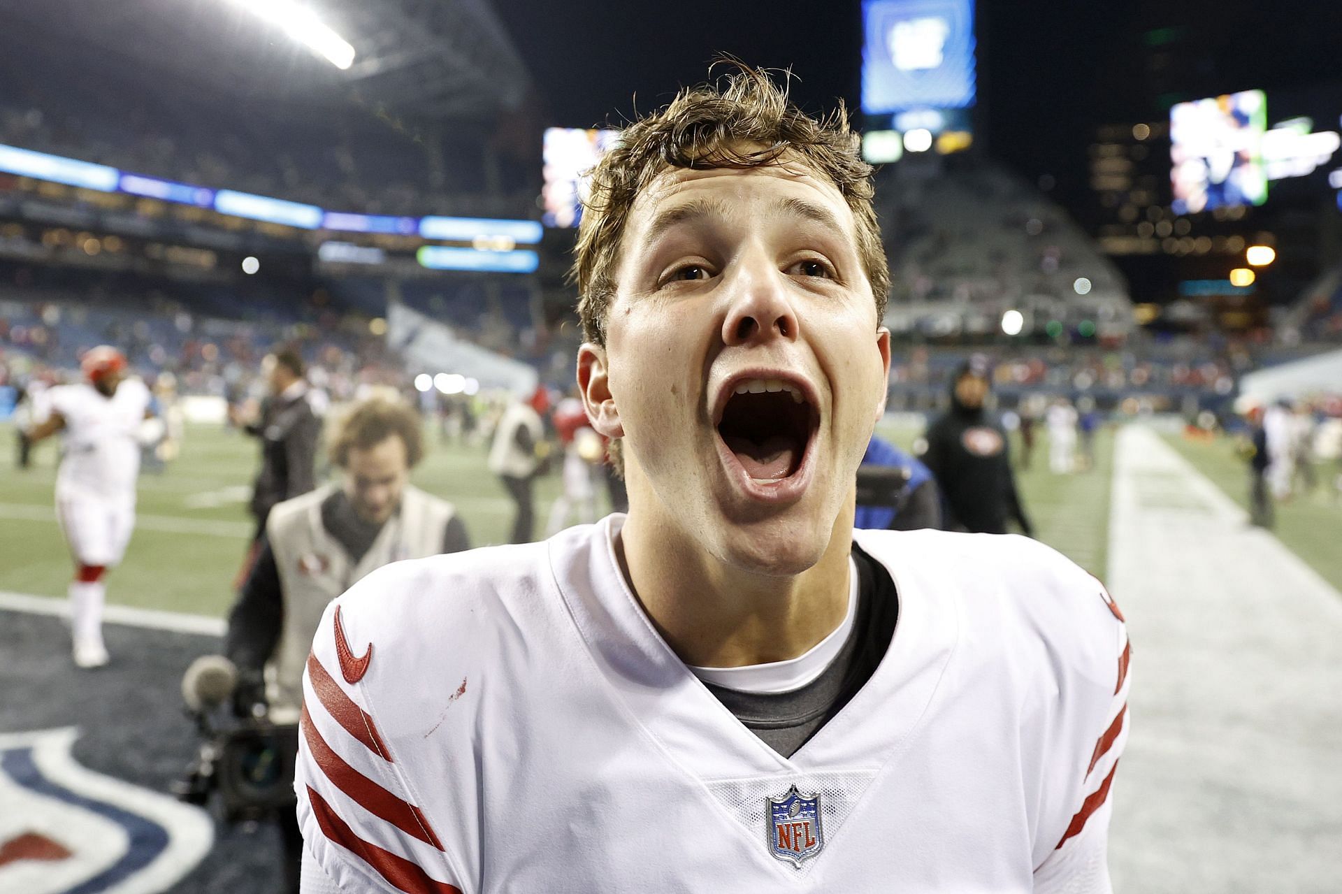 Brock Purdy of the San Francisco 49ers reacts after beating the Seattle Seahawks