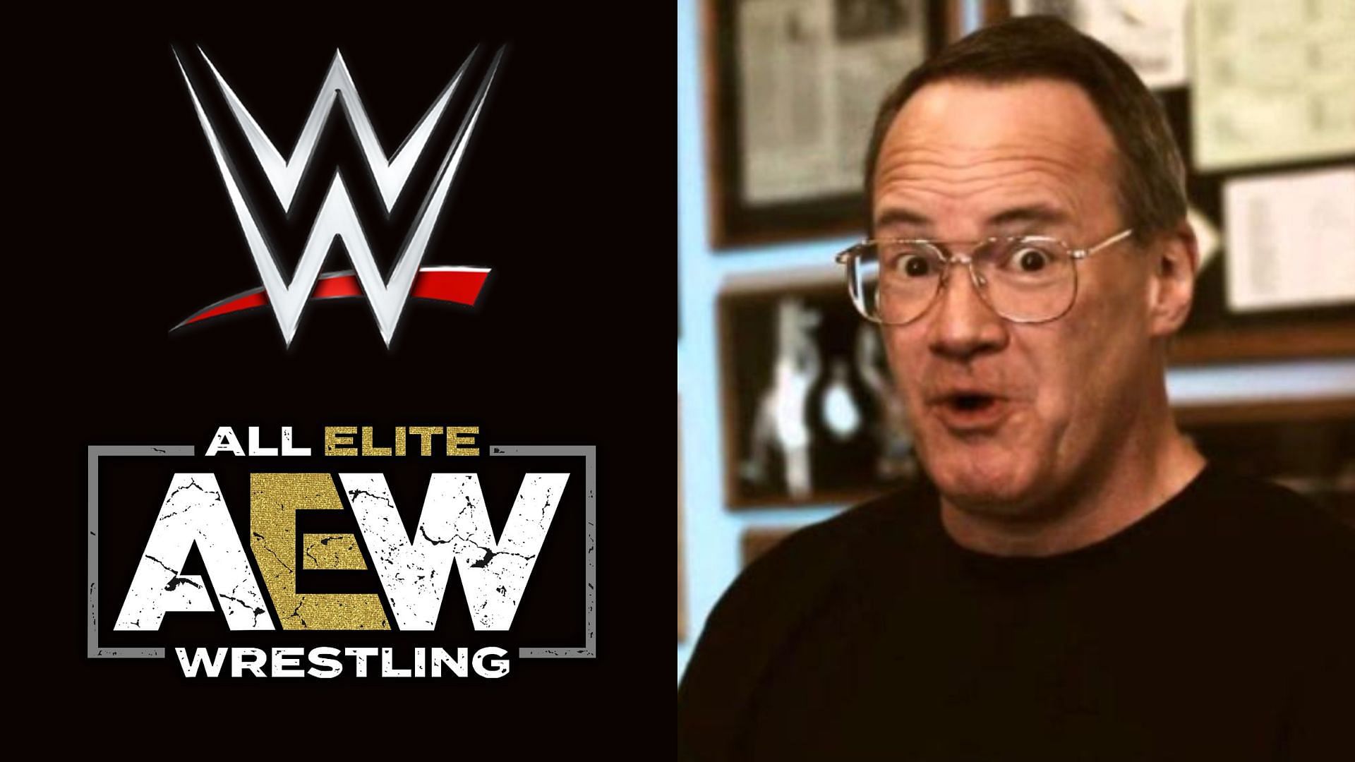AEW WWE logo (left), Jim Cornette (right)