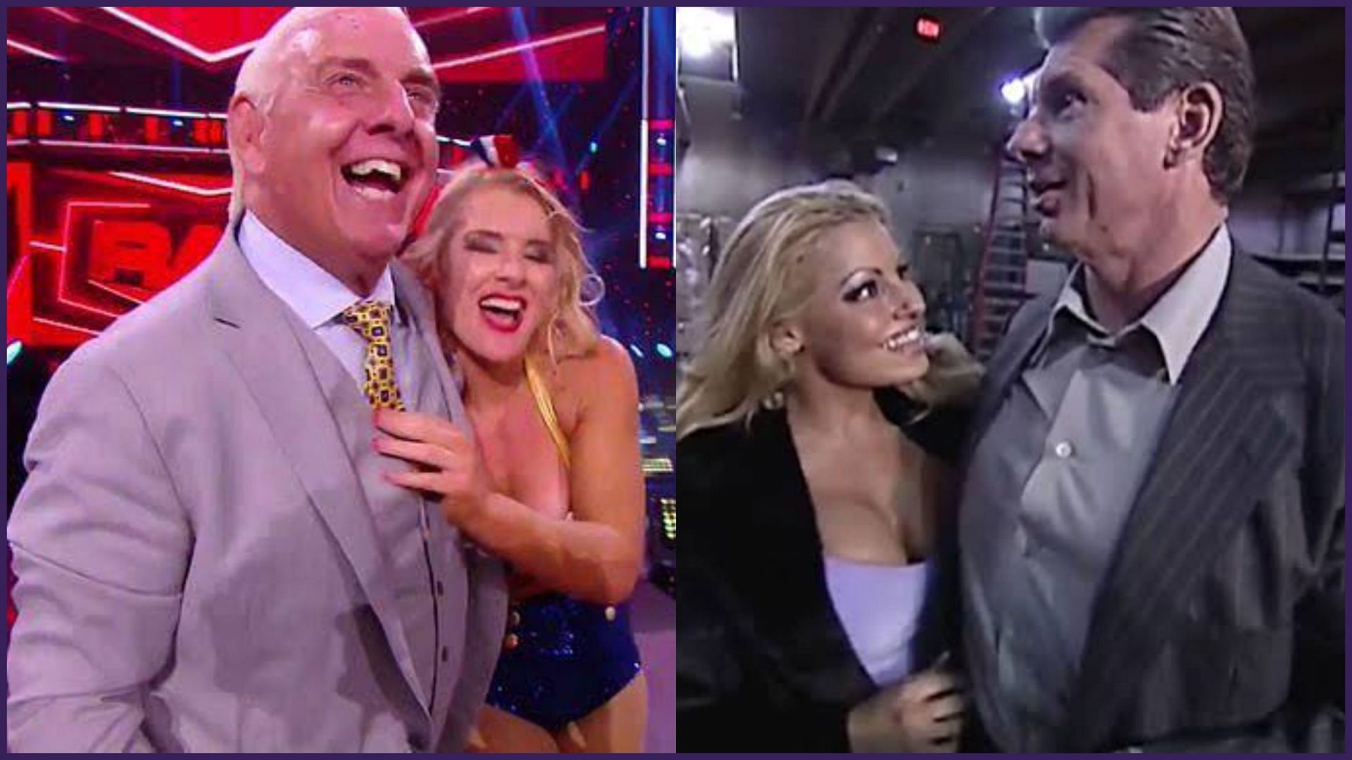 Ric Flair and Lacey Evans (L); Trish Stratus and Vince McMahon (R).