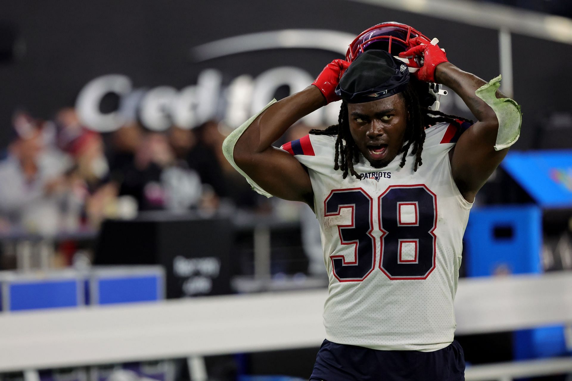 Rhamondre Stevenson of the New England Patriots reacts after a game against the Las Vegas Raiders