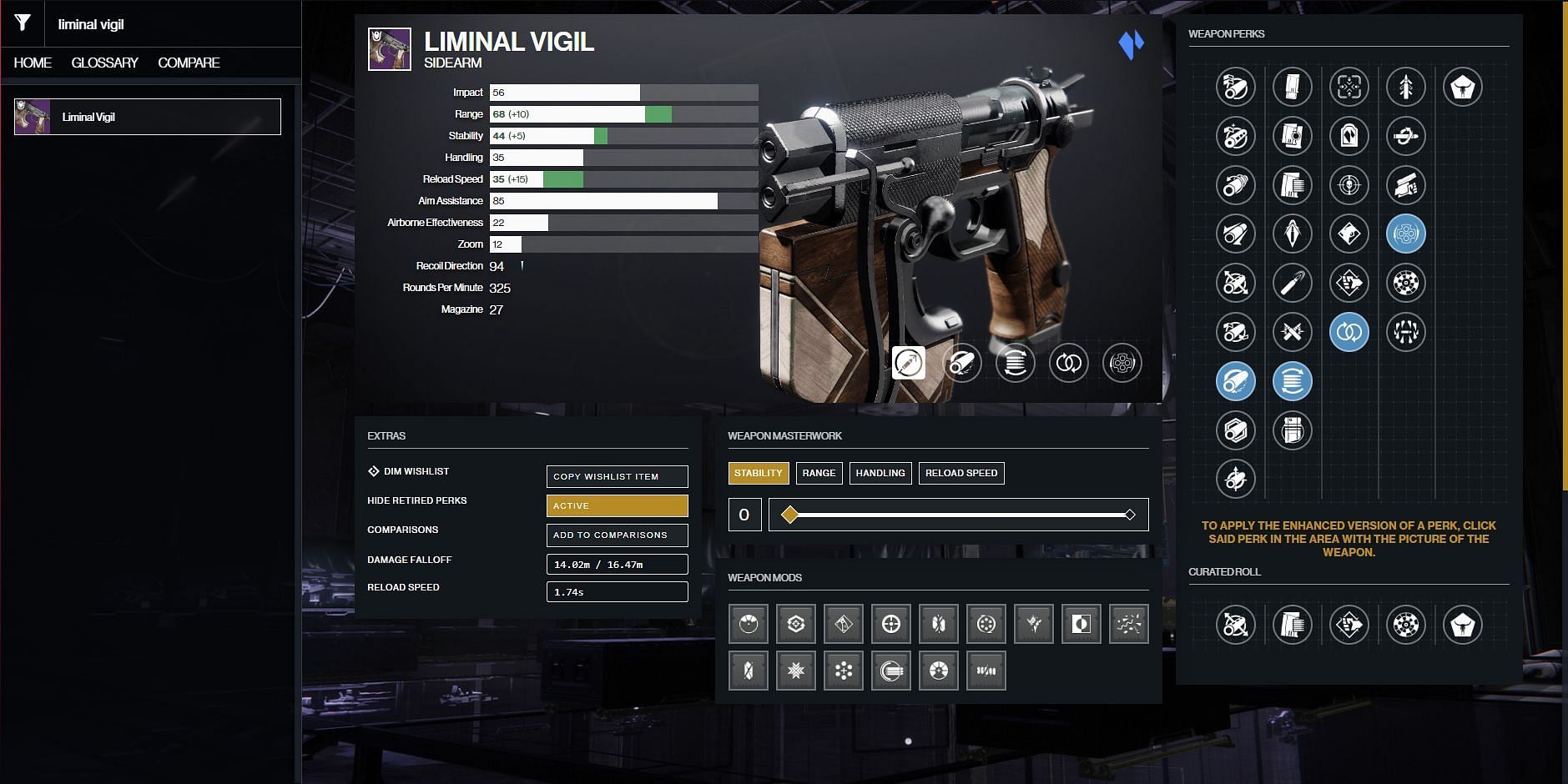 PvP god roll on Liminal Vigil (Image via Destiny 2 Gunsmith)