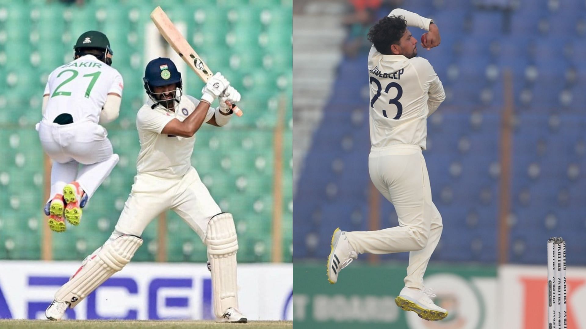 Cheteshwar Pujara (L) &amp; Kuldeep Yadav (P.C.:BCCI &amp; Twitter)