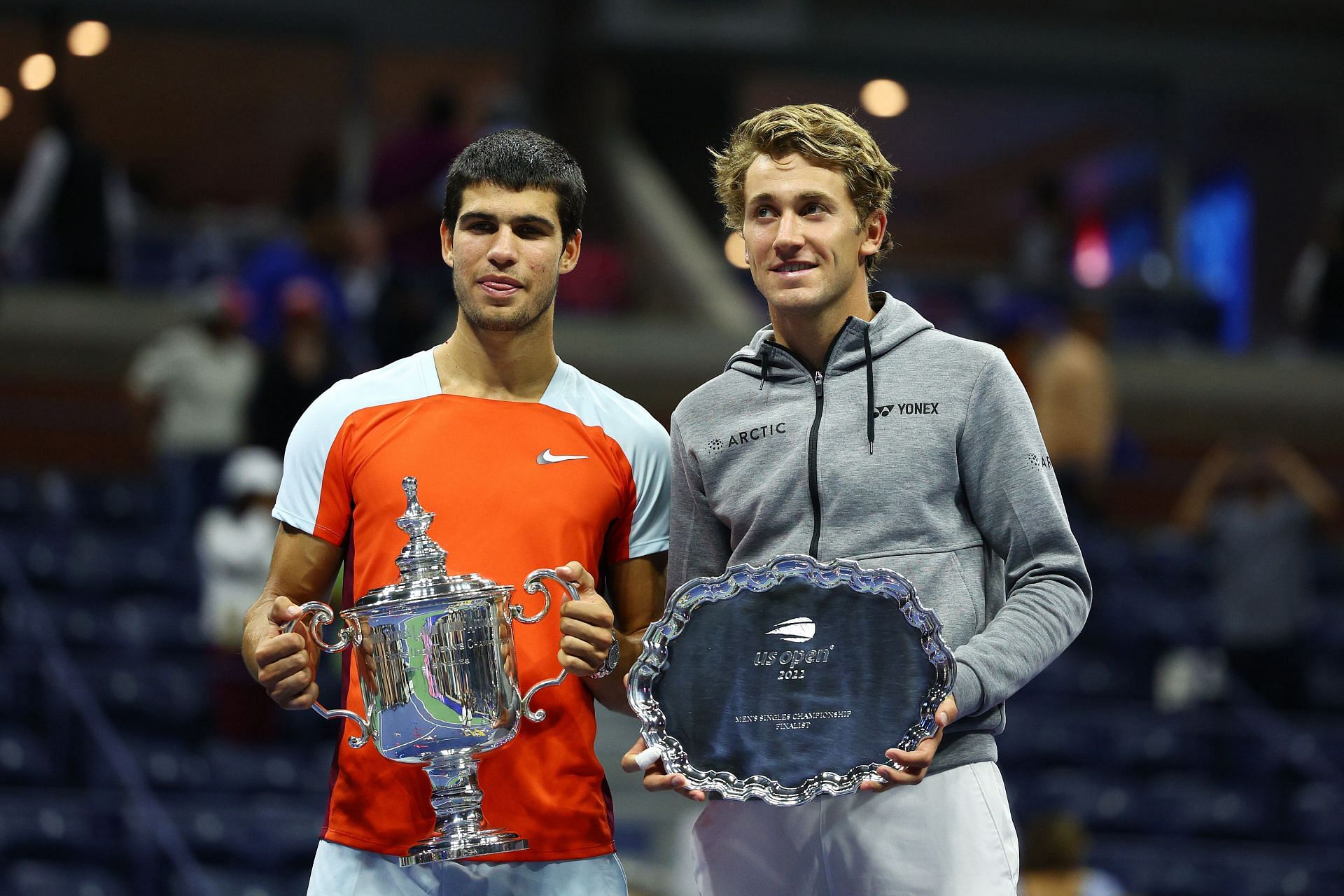 Winner Carlos Alcaraz and runner-up Casper Ruud at 2022 US Open.