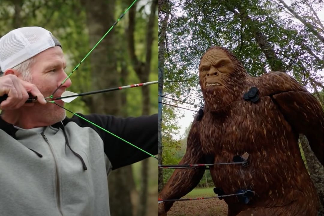 Favre shooting arrows at Sasquatch in the woods in Mississippi. Source: USA Network