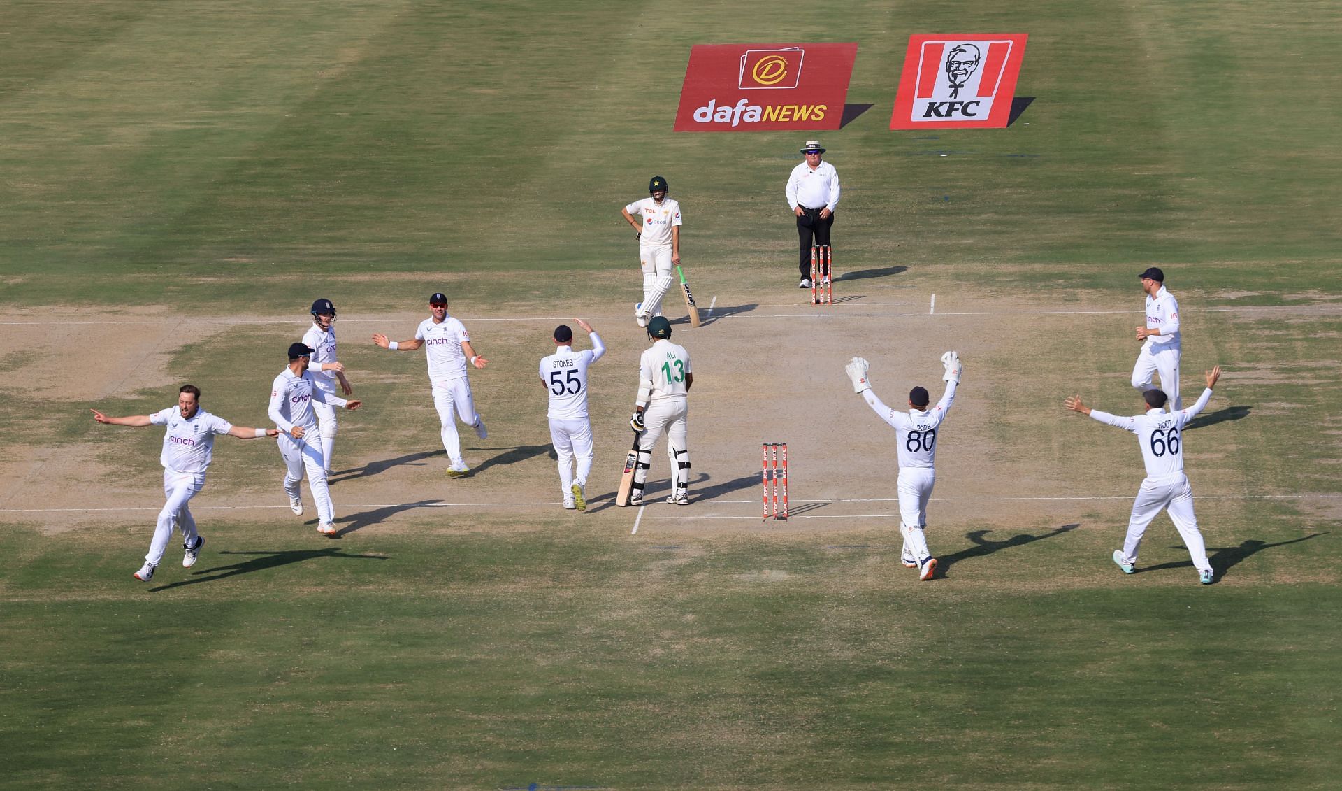Pakistan v England - Second Test Match: Day Four MULTAN, PAKISTAN - DECEMBER 12: Ollie Robinson of England celebrates taking the final wicket of Mohammad Ali of Pakistan to win the Second Test Match between Pakistan and England at Multan Cricket Stadium on December 12, 2022 in Multan, Pakistan. (Photo by Matthew Lewis/Getty Images)