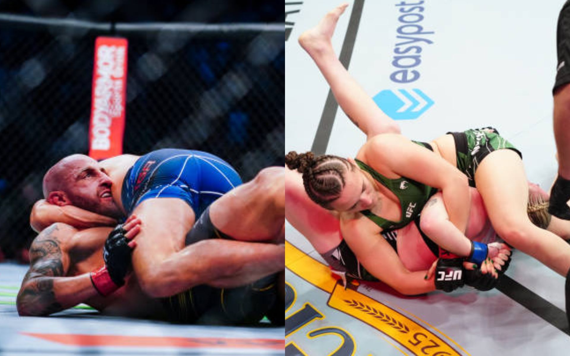 Brian Ortega attempts a guillotine choke vs. Alexander Volkanovski at UFC 266 (left) and Erin Blanchfield submits Molly McCann via kimura at UFC 281 (right)