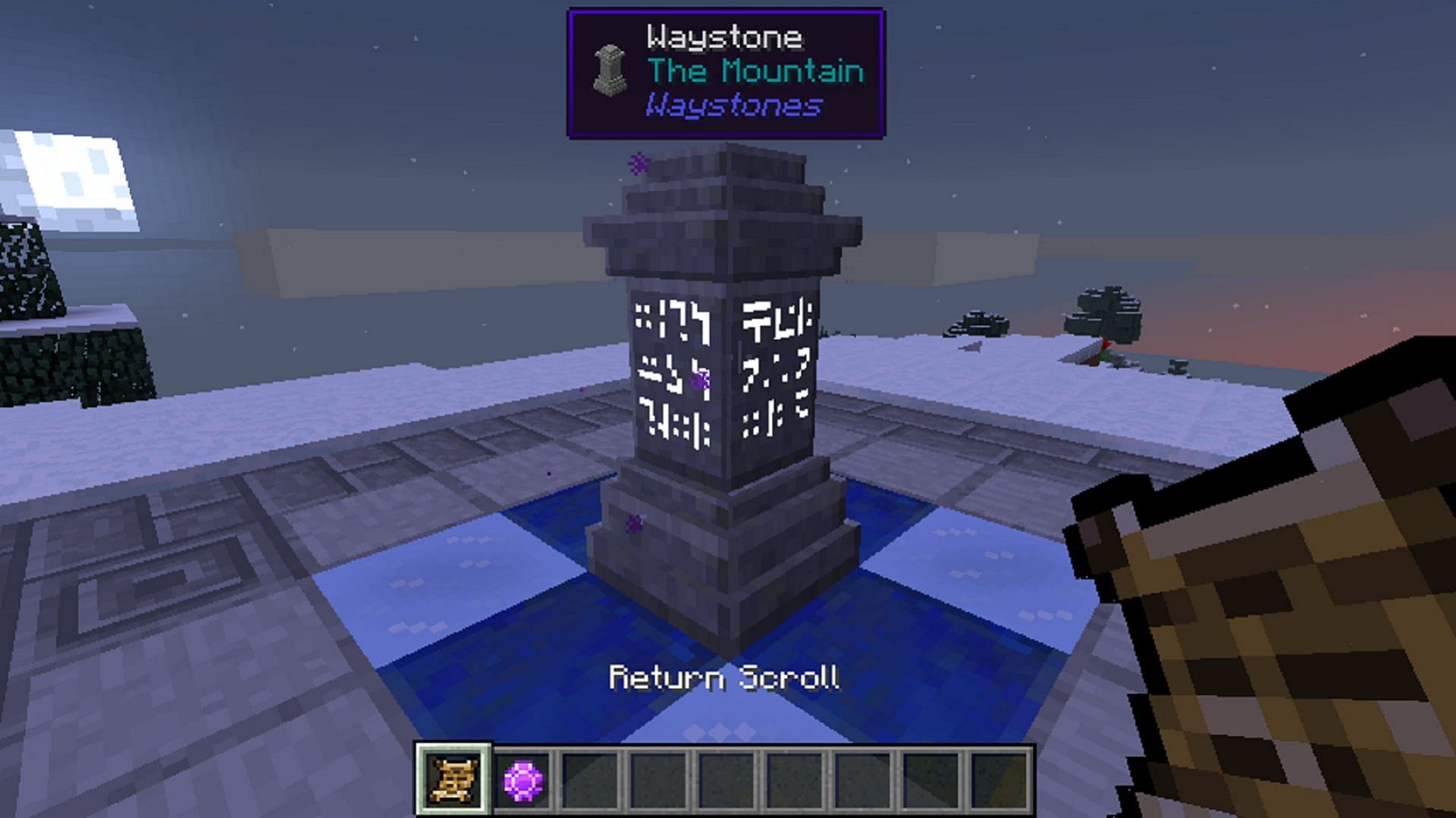 A waystone that can be fast traveled to in Minecraft thanks to the Waystones mod (Image via BlayTheNinth/CurseForge)