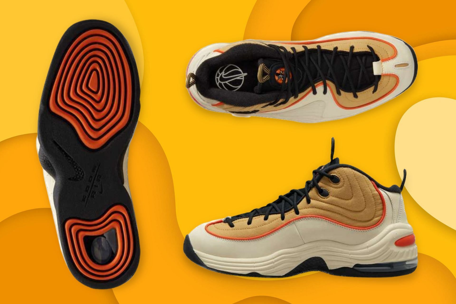 Here&#039;s a detailed look at the upcoming Nike Air Penny 2 Wheat Gold shoes (Image via Sportskeeda)