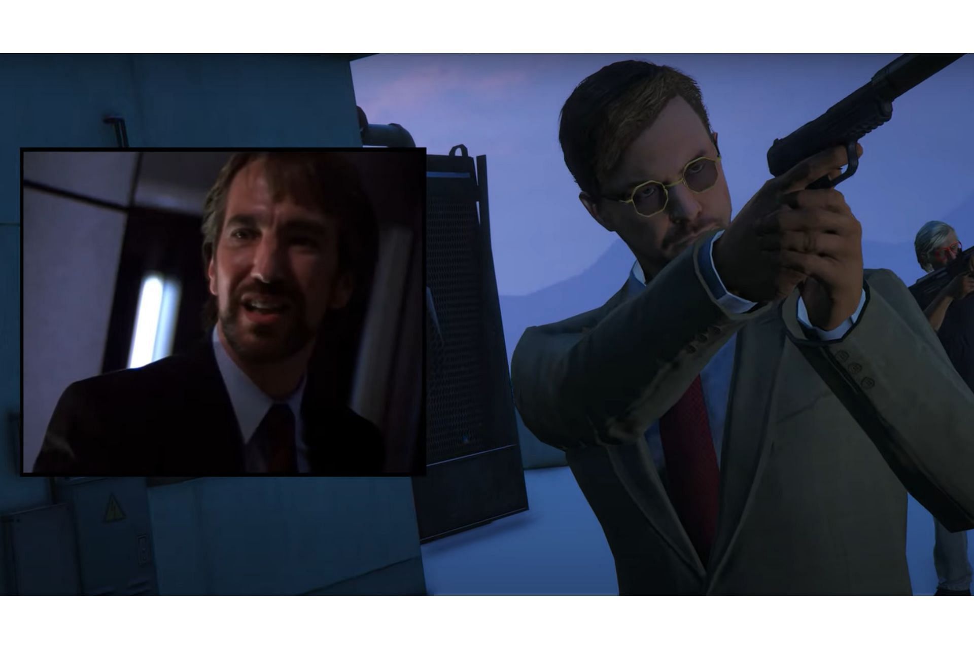 An NPC resembling Hans Gruber from the Die Hard movie in GTA Online (Image via YouTube)