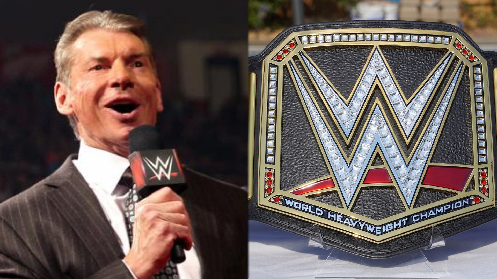 Vince McMahon (Left), The WWE Championship (Right).