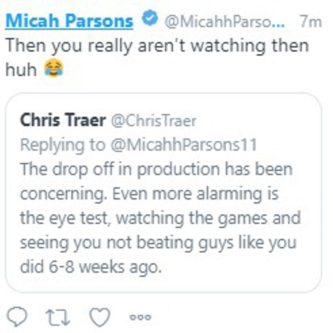 In a now deleted Tweet, Dallas Cowboys linebacker Micah Parsons wasn&#039;t happy with a fan&#039;s response to their play on Thursday night.