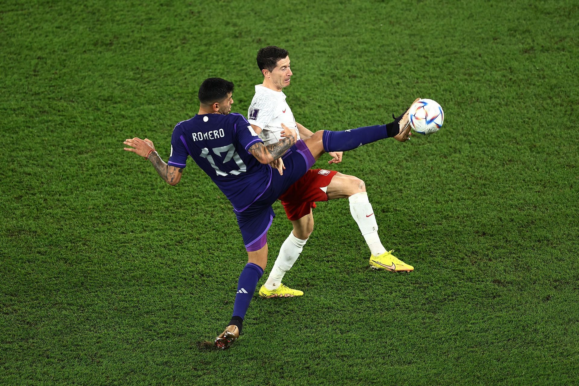 Cristian Romero battles for possession with Poland&#039;s Robert Lewandowski: Group C - FIFA World Cup Qatar 2022