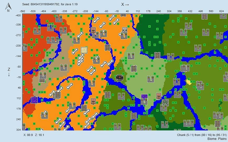 Players can find a village that contains a jungle temple in this Minecraft seed (Image via Chunkbase)