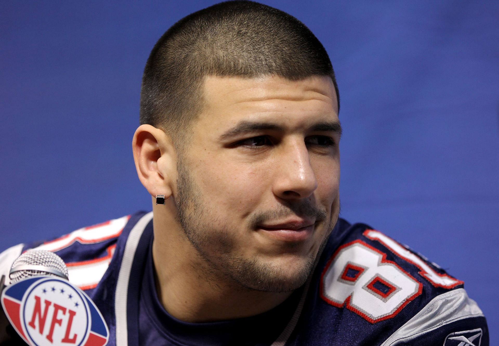 Aaron Hernandez at Super Bowl XLVI - Media Day