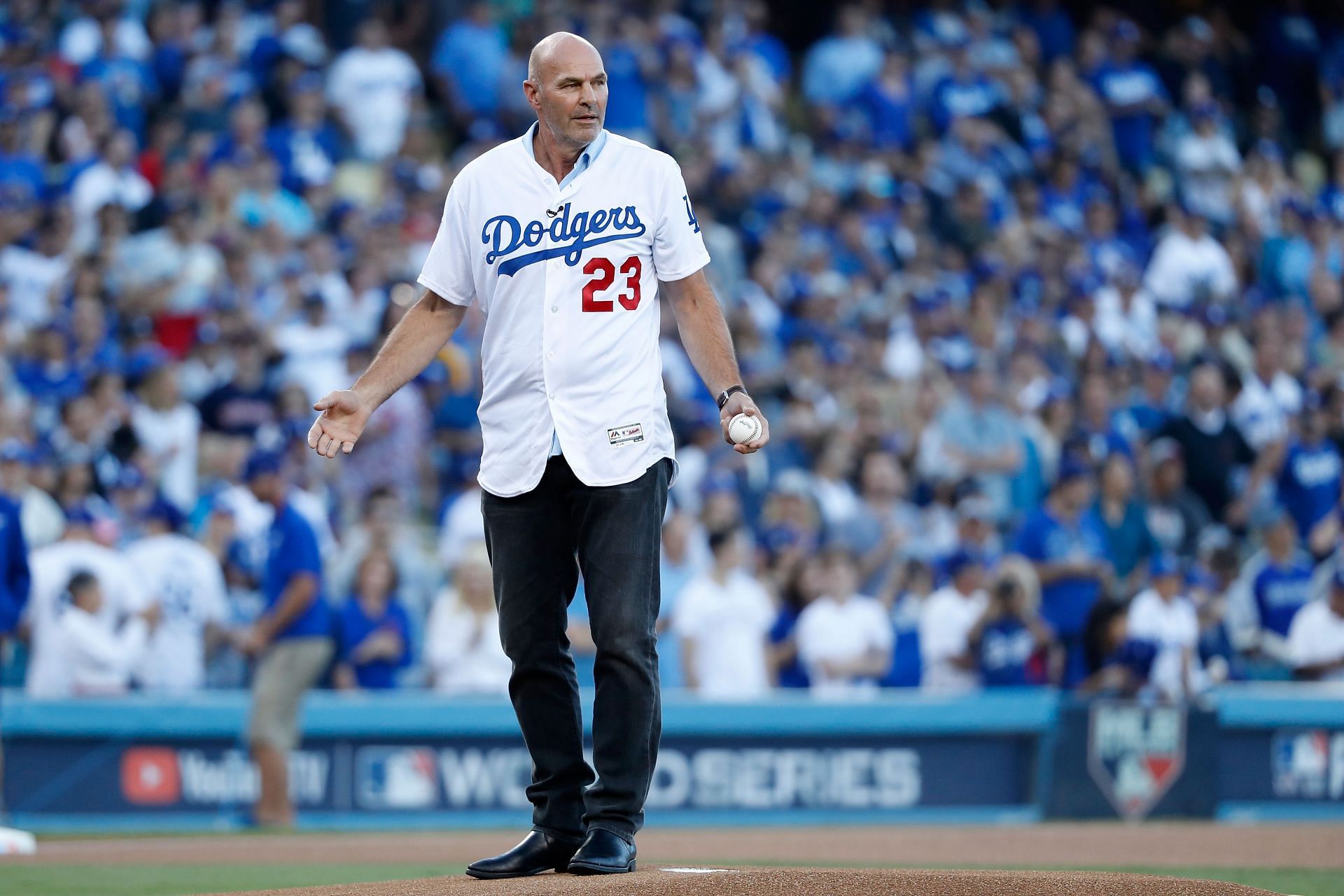 Kirk Gibson waits to throw out a ceremonial first pitch prior to in Game Four of the 2018 World Series