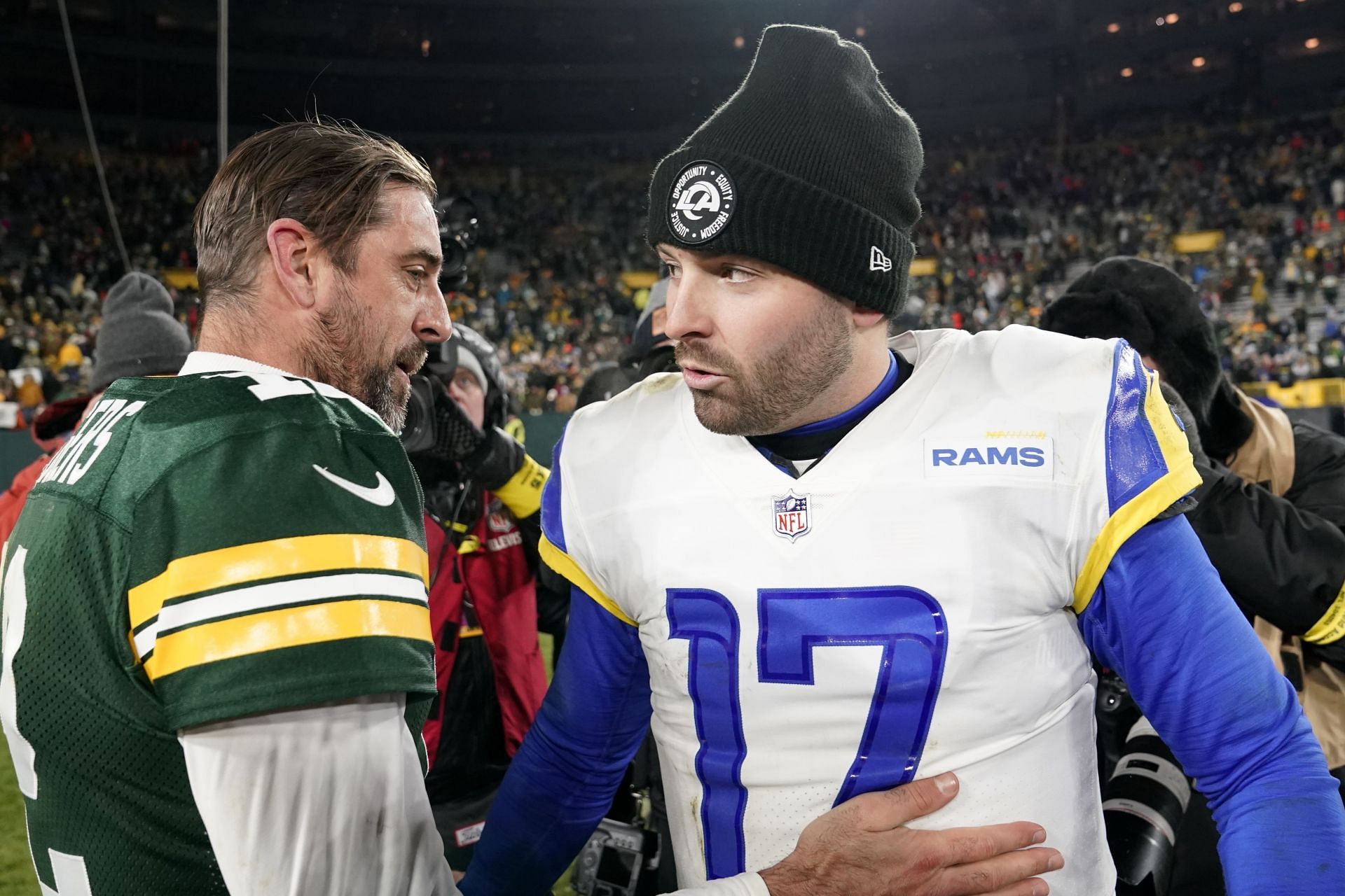 Aaron Rodgers and Baker Mayfield: Los Angeles Rams v Green Bay Packers