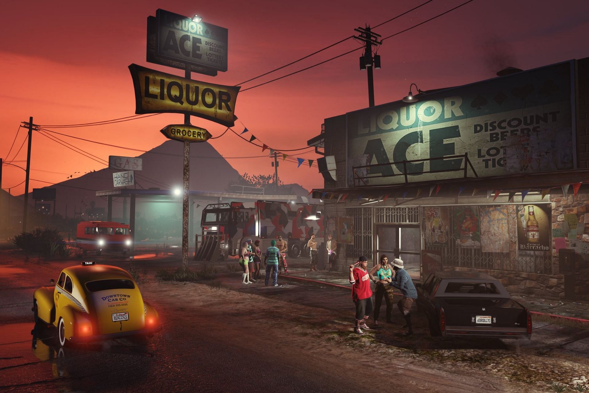 Dax, the truck, the RV, and the new taxi from the upcoming update (Image via Rockstar Games)
