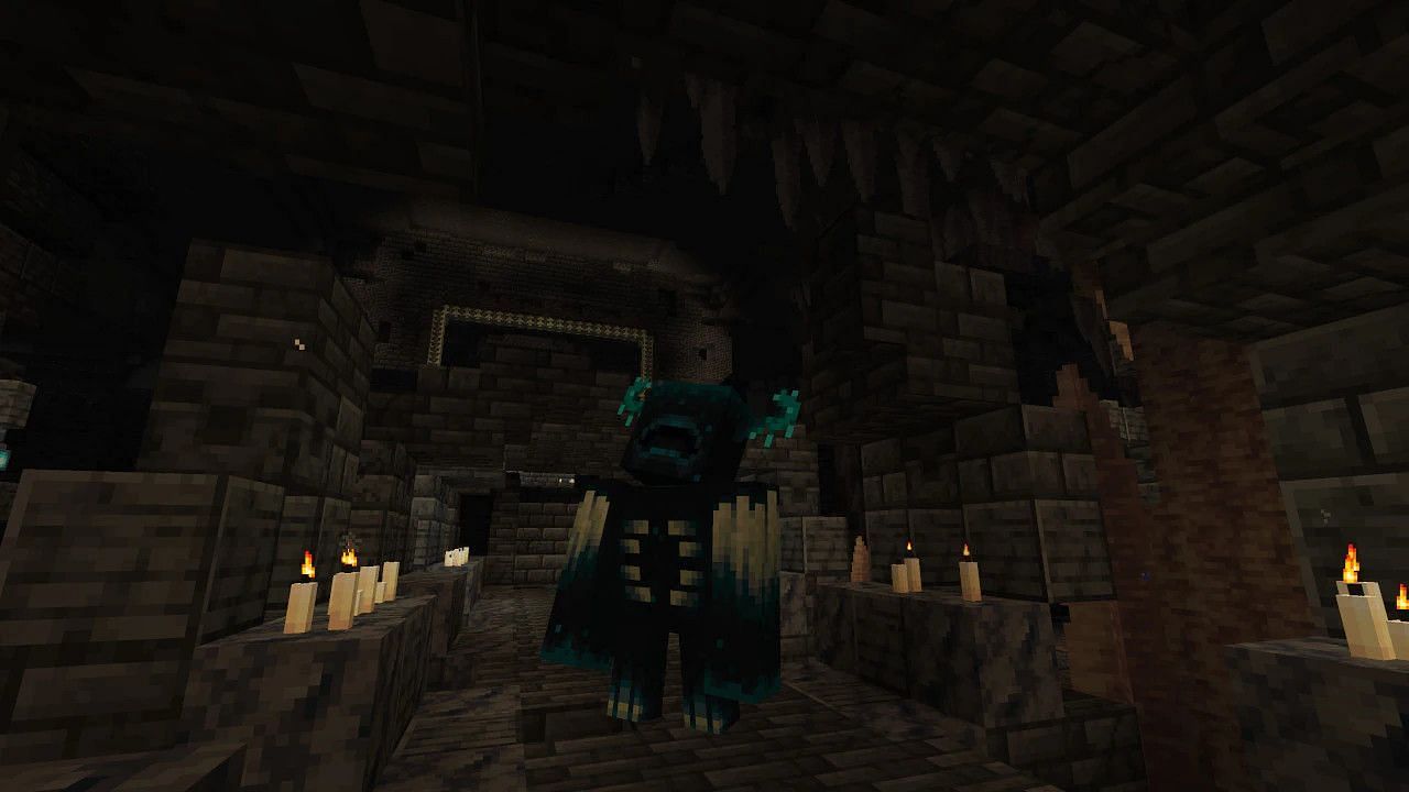 The Warden roams through an ancient city in Minecraft