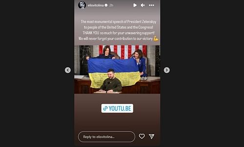 Elina Svitolina reacts to Ukrainian President Volodymyr Zelenskyy's speech at the US Capitol.