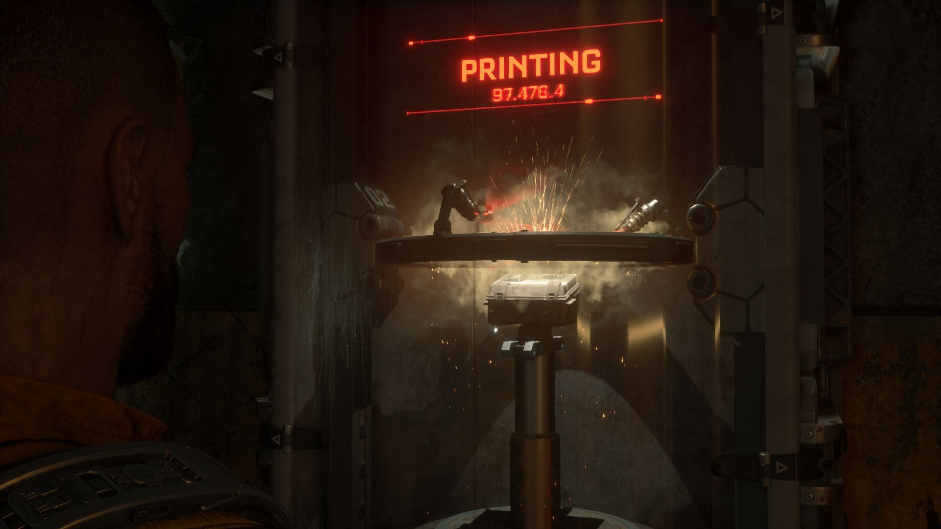 Printing a weapon using a 3D printer inside the Black Iron Prison (Image via Striking Distance Studios)