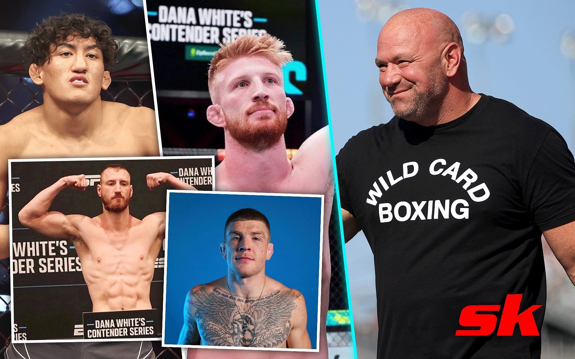 Raul Rosas Jr., Bo Nickal, Dana White, Joe Pyfer, and Chris Duncan (Image credits Getty Images and @the_problem155, @nobickal1, and @bodybagz_pyfer on Instagram)