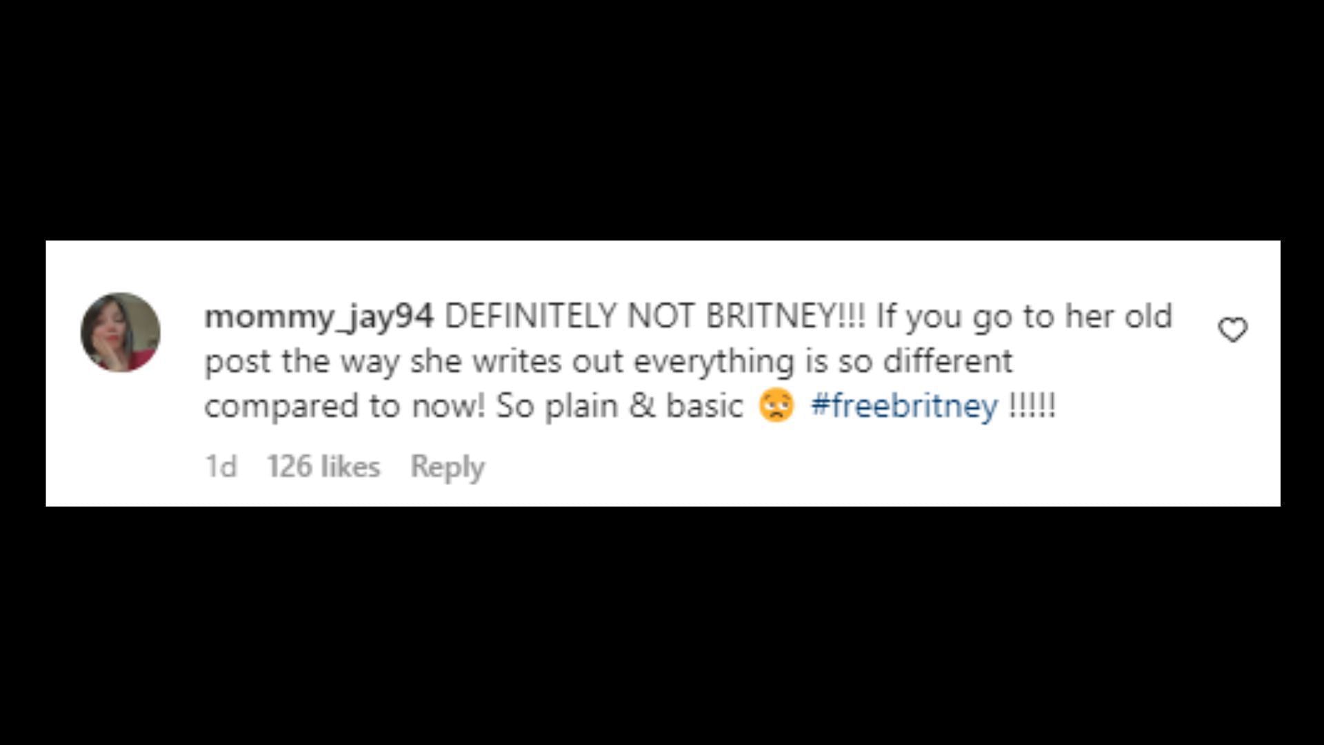 A fan comments under Britney&#039;s post (Image via @britneyspears/Instagram)