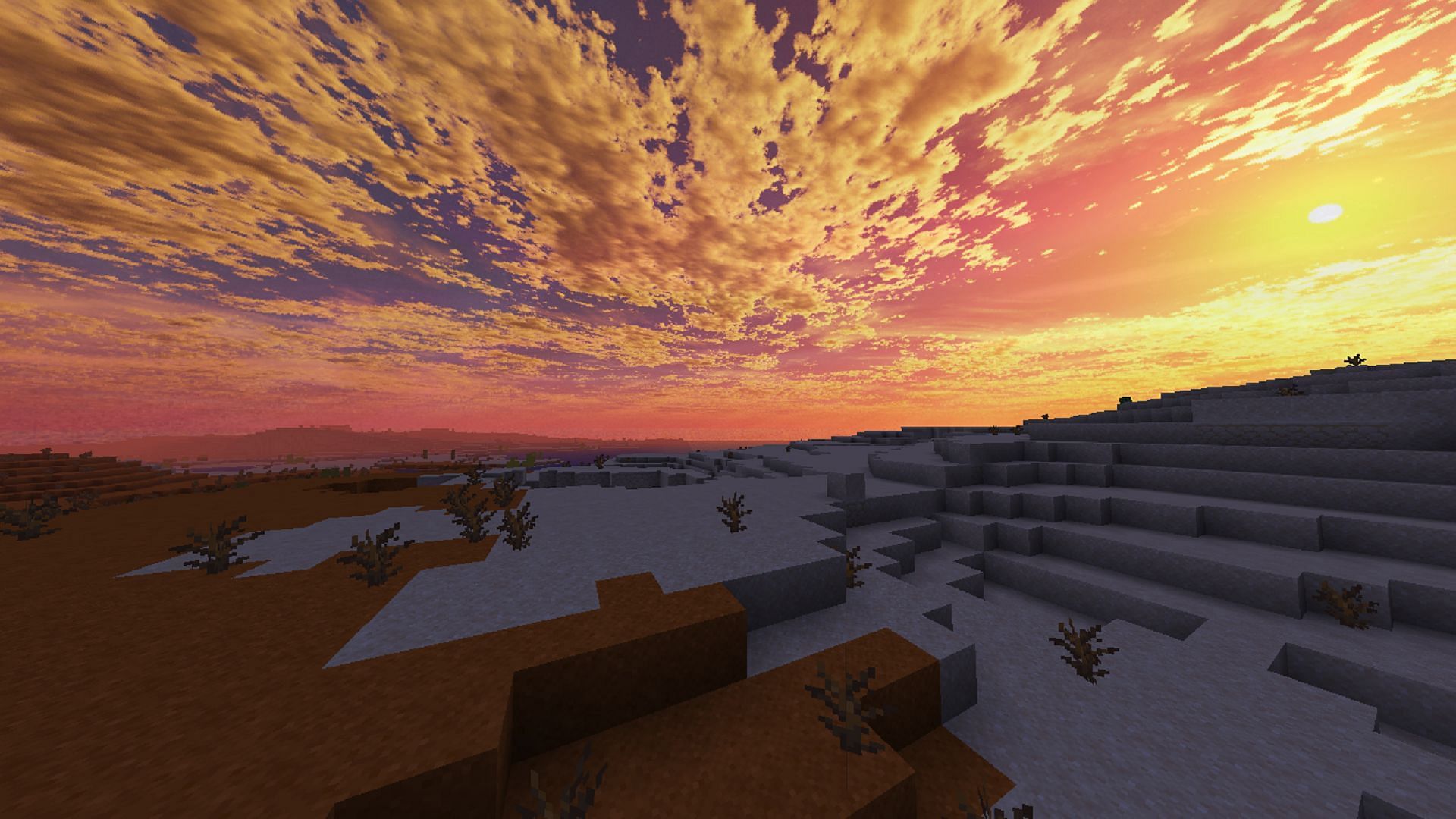 A cloud-scattered sunset sky in the Realistic Sky resource pack (Image via Iamgiakiet7a7/CurseForge)
