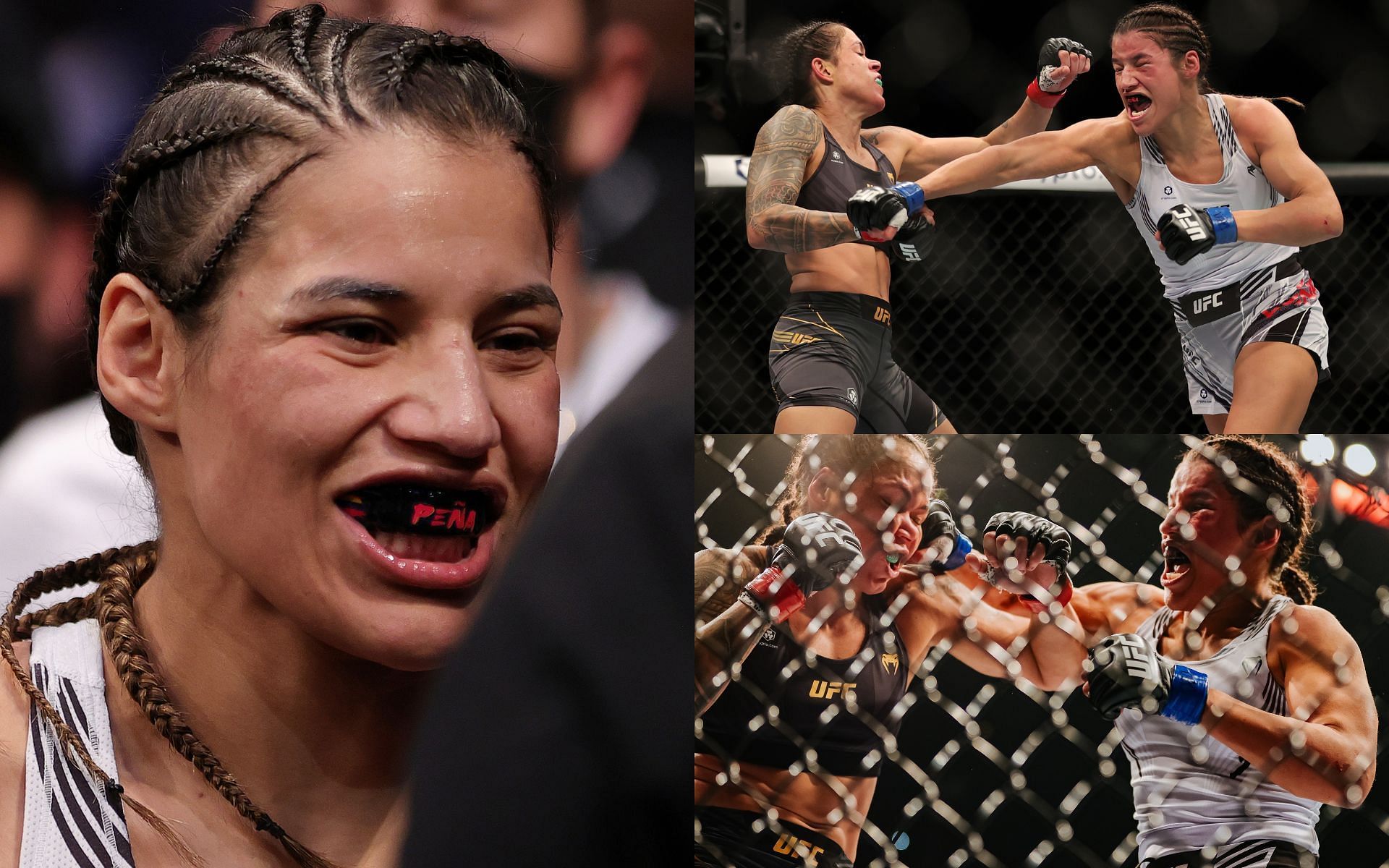 Julianna Pena (Left); Nunes vs. Pena at UFC 269 (Top and Bottom Right)